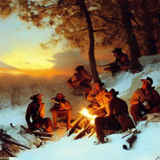 Image similar to civil war soldiers hunkering down in a trench in the snow, huddled around a small campfire for warmth at dusk. warm colors, hard angles, painting by gaston bussiere, craig mullins, j. c. leyendecker