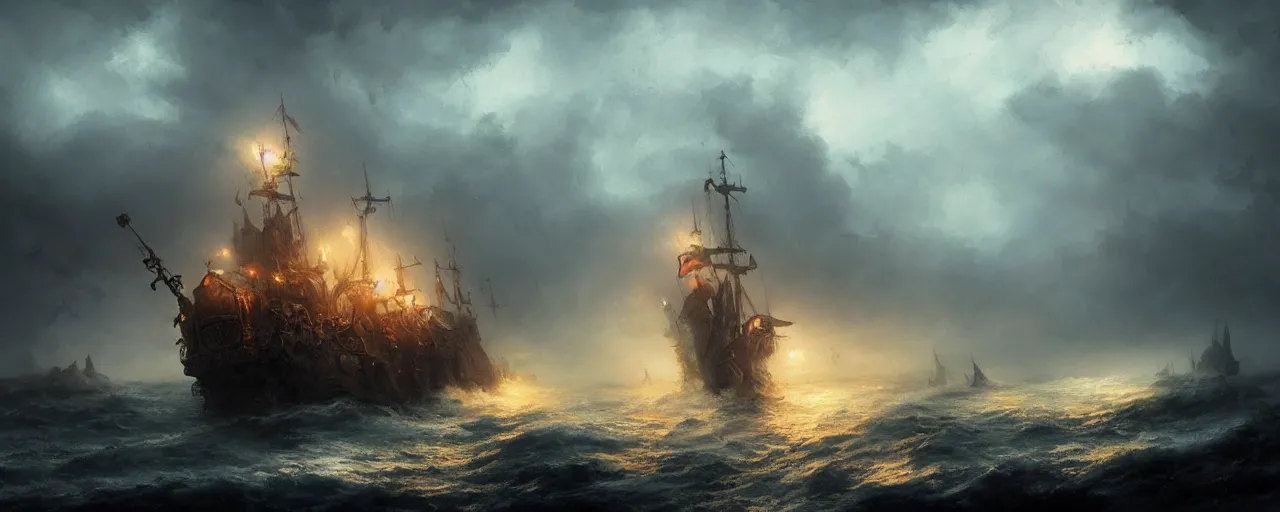 Image similar to fantasy ornate pirate warship on a stormy sea, fog, night, dramatic lighting, greg rutkowski, 4 k, artstation, matte painting, artstation