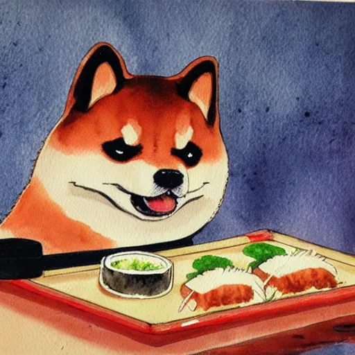 Image similar to A polite shiba inu eating sushi in a Koma room, very beautiful, watercolor