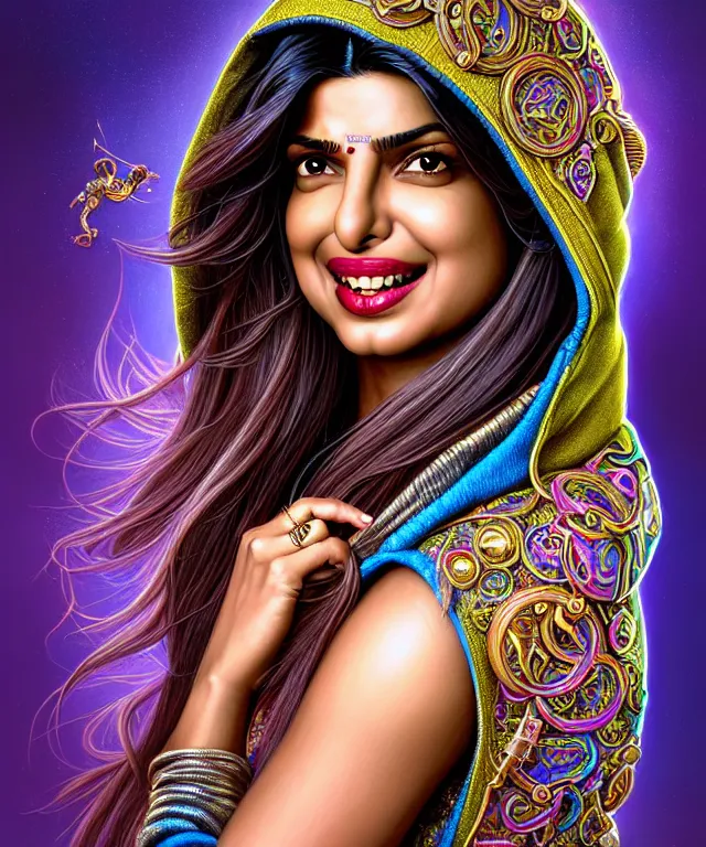 Prompt: Portrait of Priyanka Chopra , D&D, fantasy, intricate, richly detailed colored pencil 3D illustration of a beautiful with long metallic hair wearing a hoodie and short shorts that is evil and happy. mirrored background with completely rendered reflections, art by Range Murata and Artgerm highly detailed, digital painting, trending on artstation, sharp focus, illustration, style of Stanley Artgerm, perfect smile and tooth