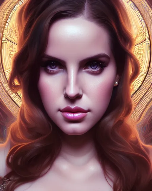 Prompt: symmetry portrait of lana del rey, photorealistic, glam, glowing lights intricate, elegant, highly detailed, digital painting, artstation, concept art, smooth, sharp focus, illustration, art by artgerm and greg rutkowski and alphonse mucha