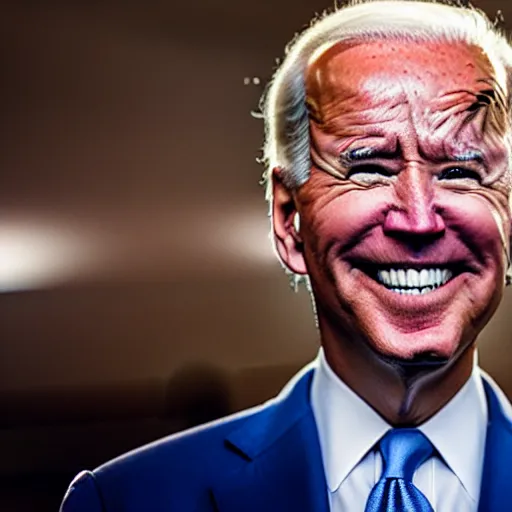 Image similar to joe biden in shadow grinning glowing eyes, backlit, 8 k, rule of thirds, ultra detailed.