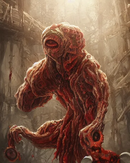 Image similar to Haunting horrifying detailed painting of a huge muscular hulking extraterrestrial flowing towel monster made of cloth, and bloodshot eyeballs, hyper detailed, trending on Artstation