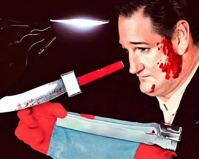 Image similar to bloody ted cruz holding knife with searchlight overhead, film reel, technicolour film