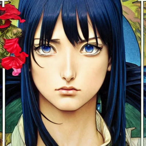 Image similar to intricately detailed vfx portrait of nico robin by eiichiro oda!, makoto shinkai, alphonse mucha, art by artgerm and greg rutkowski!, blue eyes!!, large aquiline nose!!, best of behance, concept art, matte, sharp focus, adolphe bouguereau, annie leibovitz, stanley kubrick,