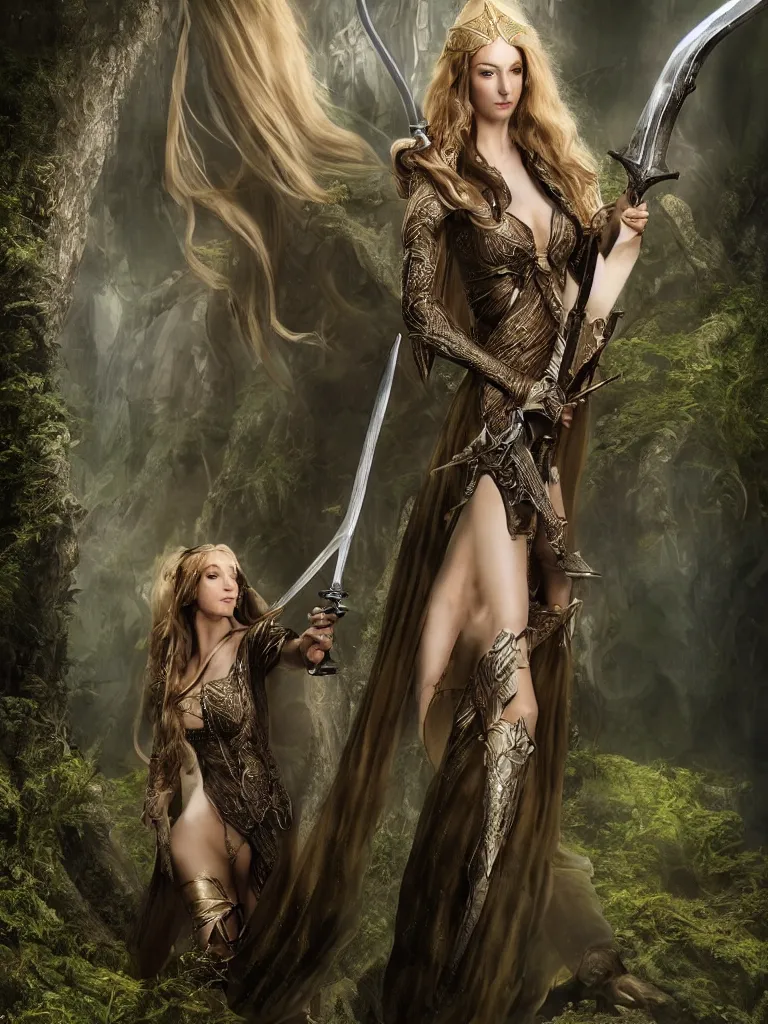 Image similar to an incredible alluring elven goddess holding a mystical sword by weta digital