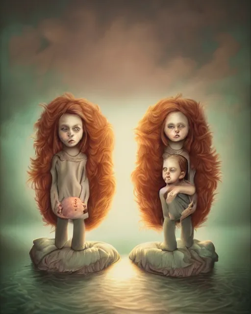 Prompt: Uncanny weird eerie creepy portrait of twins by Mark Ryden and Cyril Rolando, contemporary pop surrealism, pastelwave, Hyperdetailed, stylized, cel shading, CGsociety, Artstation