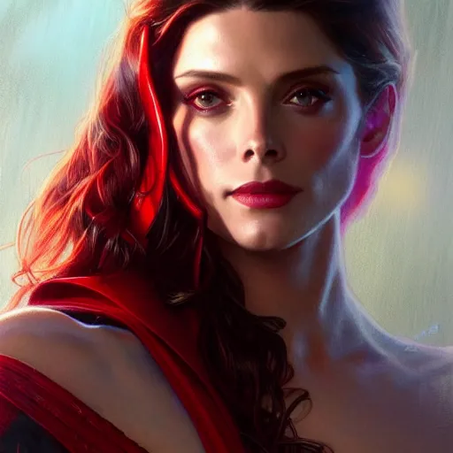 Prompt: Ashley Greene as Scarlet Witch, western, D&D, fantasy, intricate, elegant, highly detailed, digital painting, artstation, concept art, matte, sharp focus, illustration, art by Artgerm and Greg Rutkowski and Alphonse Mucha