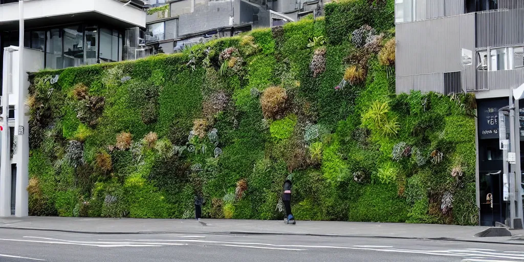 Prompt: a street in wellington, new zealand where the building walls are covered in living walls made of nz endemic plants. google street view
