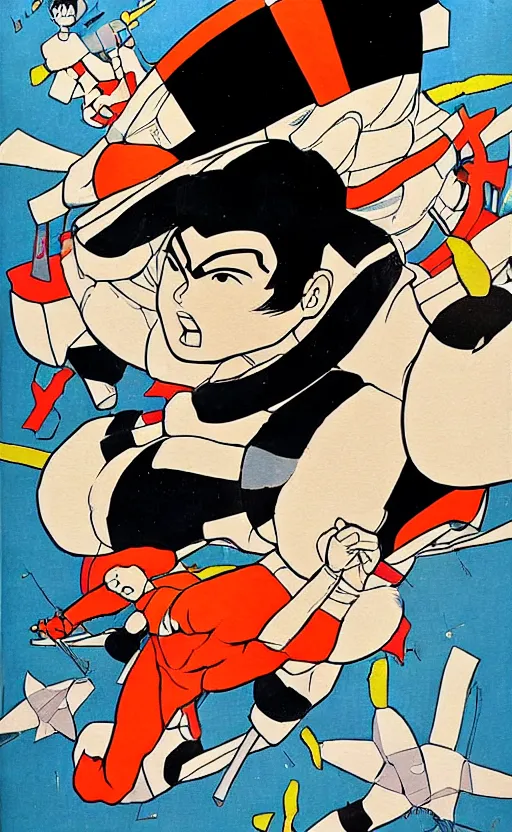 Prompt: Osamu Tezuka's Big X, young boy turned giant hero. Detailed manga painting, super soldier, military, kaiju, tokusatsu