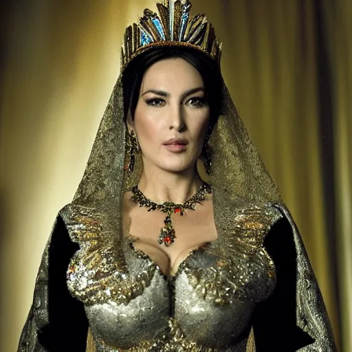 Image similar to Monica Bellucci as Queen of Iran, highly detailed, DSLR photograph