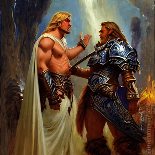 Image similar to attractive fully clothed arthas menethil confesses his love for his attractive fully clothed thrall son of durotan. highly detailed painting by gaston bussiere and j. c. leyendecker 8 k