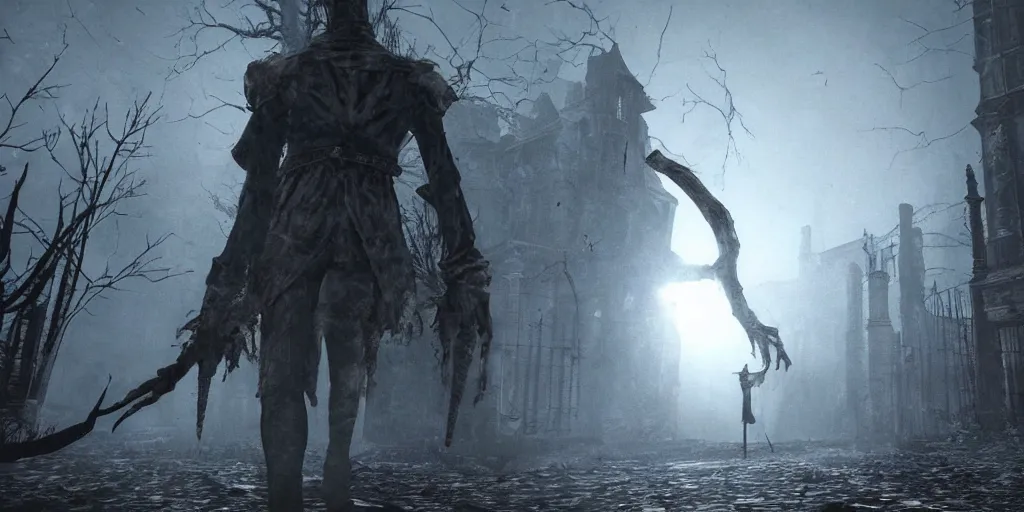 Prompt: mix between silent hill and bloodborne, terrifying, dark