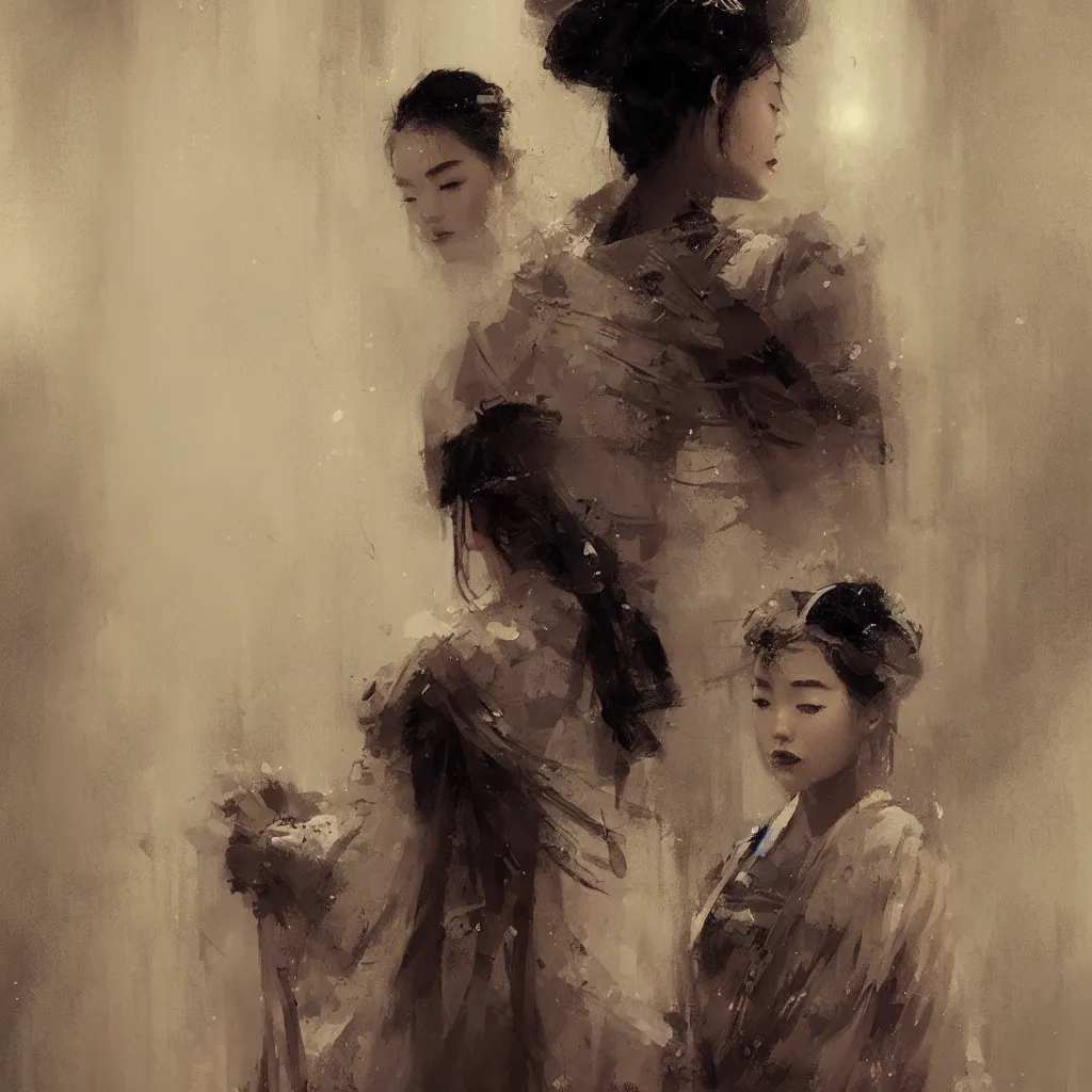 Image similar to female geisha girl, beautiful face, rule of thirds, intricate outfit, spotlight, by greg rutkowski, by jeremy mann