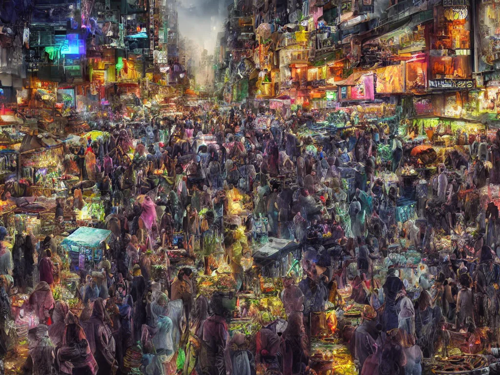 Prompt: hyperrealistic matte painting, a solemn night, defied by spirit, pulse, and flow, the vibrant echoes of the market, drifters, traders, collectors, and travelers, within radiate connection, forming an oasis of vivid lights within the shallow city, ultradetailed, techwear clothes, vibrant people, vivid color, crowded people, huts, stores, close up, artistic style, eye level shot, cyberpunk style, blue color scheme, by Carl Gustaf Hellqvist, George Luks