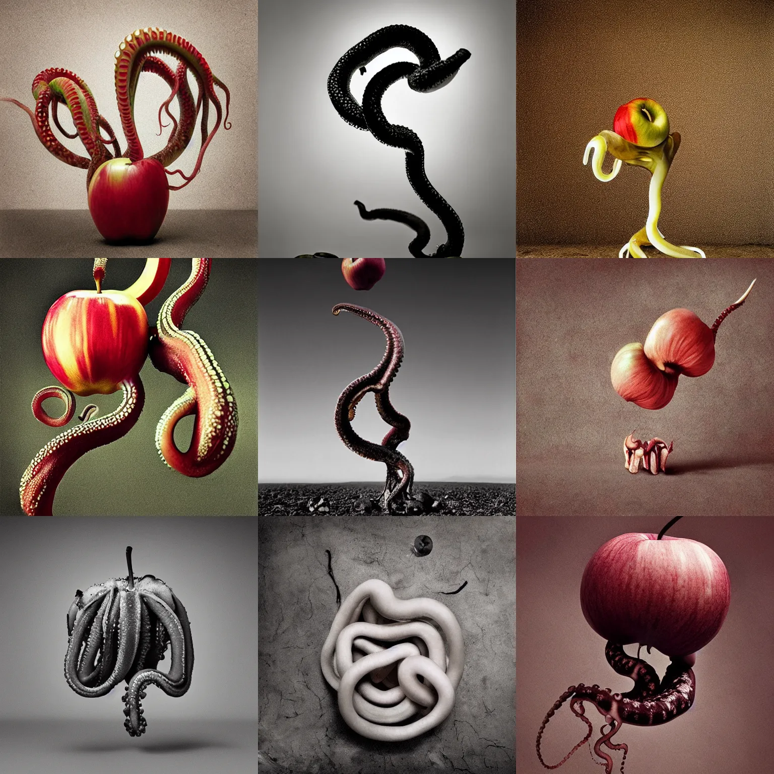 Prompt: tentacles coming out of one rotten apple hyperrealistic photography highly detailed in the style of chema madoz color