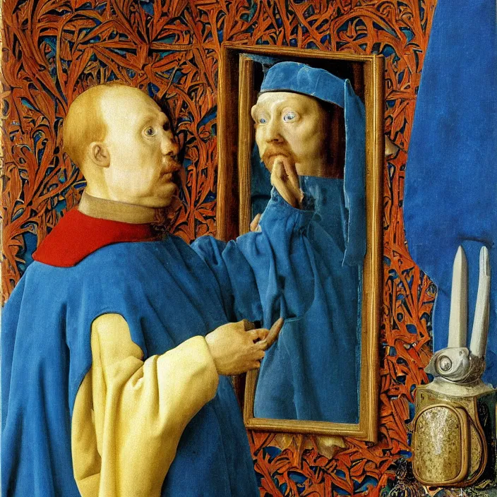Image similar to blue crab man touching mirror. painting by jan van eyck