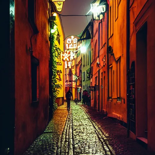 Prompt: Narrow polish street full of colorful vintage neons, crowd of partying people, late evening, 35mm f2.8, focus on the neons, full frame, film photography