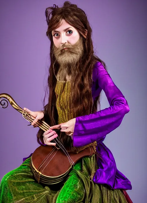 Prompt: Skinny small female bard dwarf from the hills in a bespoke couture frock of flowing good, purple, brown and green with a small trimmed and tame beard on a women hyper kawaii musical and evocative