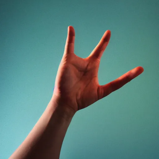 Image similar to two gesturing hands made from an iridescent material in front of a simple background