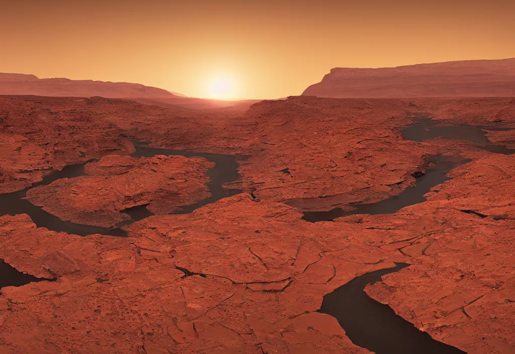 Prompt: futuristic solar panels next to a river bend running through a canyon surrounded by desert mountains at sunset on mars, planet mars, moab, utah, a tilt shift photo by frederic church, trending on unsplash, hudson river school, photo taken with provia, national geographic photo