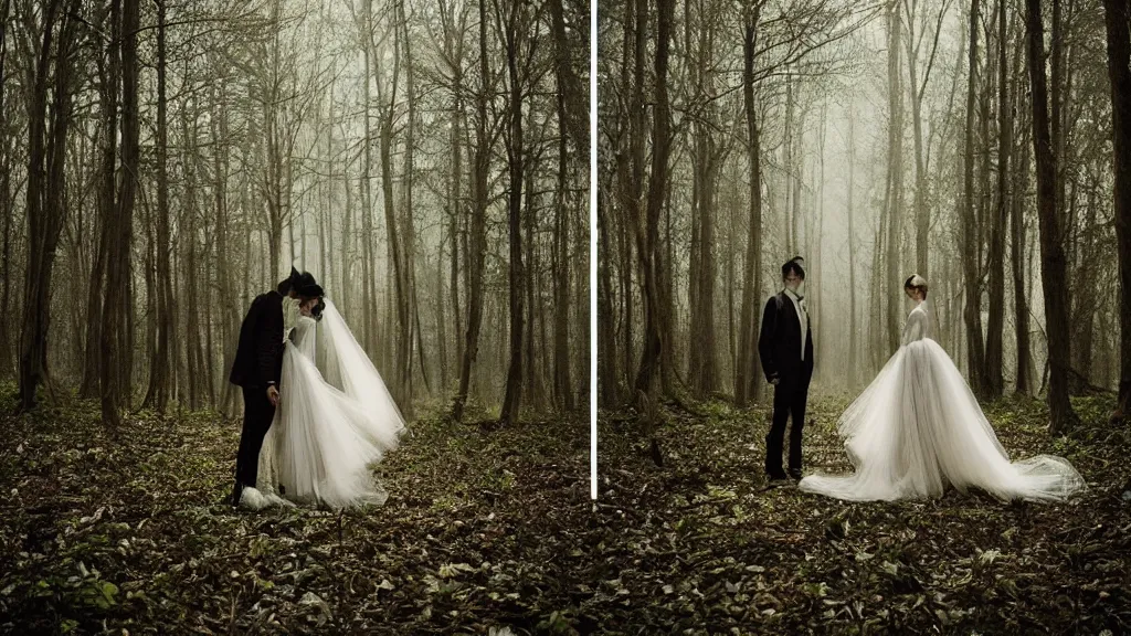 Image similar to eerie atmospheric symmetrical vogue wedding photography in a forest by paolo roversi