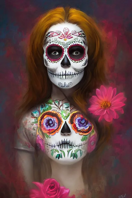 Prompt: illustration of a sugar skull day of the dead girl, art by jessica rossier