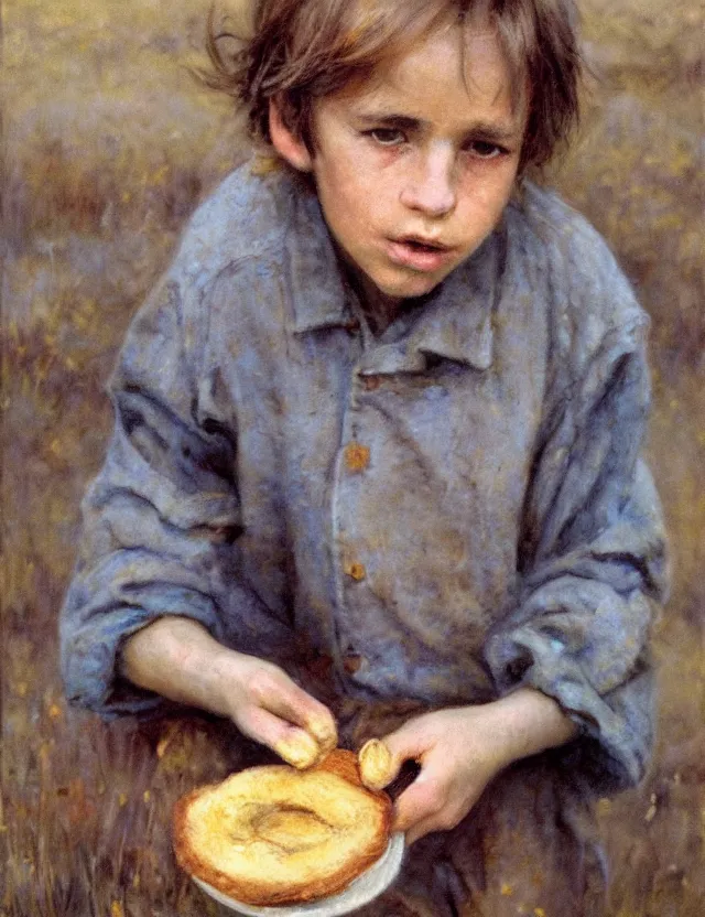 Image similar to portrait of peasant boy biting a bread, cottage core, cinematic focus, polaroid photo bleached vintage pastel colors high - key lighting, soft lights, foggy, by steve hanks, by lisa yuskavage, by serov valentin, by tarkovsky, detailed, oil on canvas