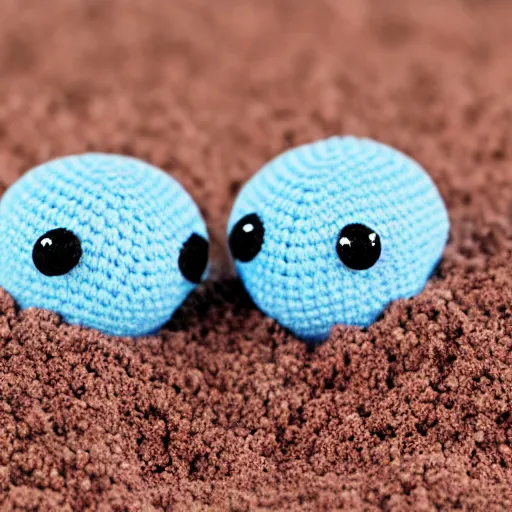 Prompt: two cute tiny fluffy light blue and light pink color spiders with short arms and big black button eyes crochet dolls standing on red sand, hyperrealistic photograph, highly detailed, tactile, close up, macro
