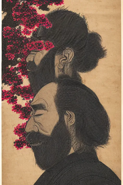 Image similar to a Japanese man's face in profile, long beard, made of crimson flowers and stone fruit, in the style of the Dutch masters and Gregory crewdson, dark and moody