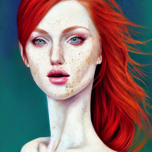 Image similar to a red haired, beautiful woman with blue / green eyes, some freckles, pale skin deep focus, elegant, digital painting, smooth, sharp focus, golden ratio, illustration, ultra realistic, 8 k, art by jasmine becket griffith