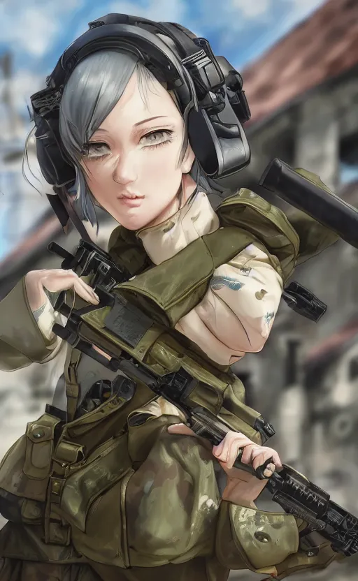 Prompt: portrait of a female soldier, highly detailed, high resolution, military camp in the background, genshin impact visual style, illustration, stunning, girls frontline style, bokeh soft, 3d rendering, trending on artstation, 100mm, award winning photography, by professional photographer, realistic human anatomy, realistic military carrier, modern warfare, realistic weapon, shot with a arriflex 35 ii, low saturation, small eyes, thick artline