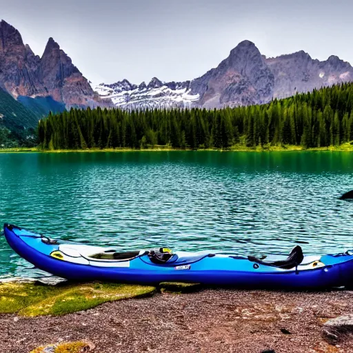 Prompt: a beautiful image of a breathtaking lake with amazing mountains in the background, there is a kayak in the foreground on the beach