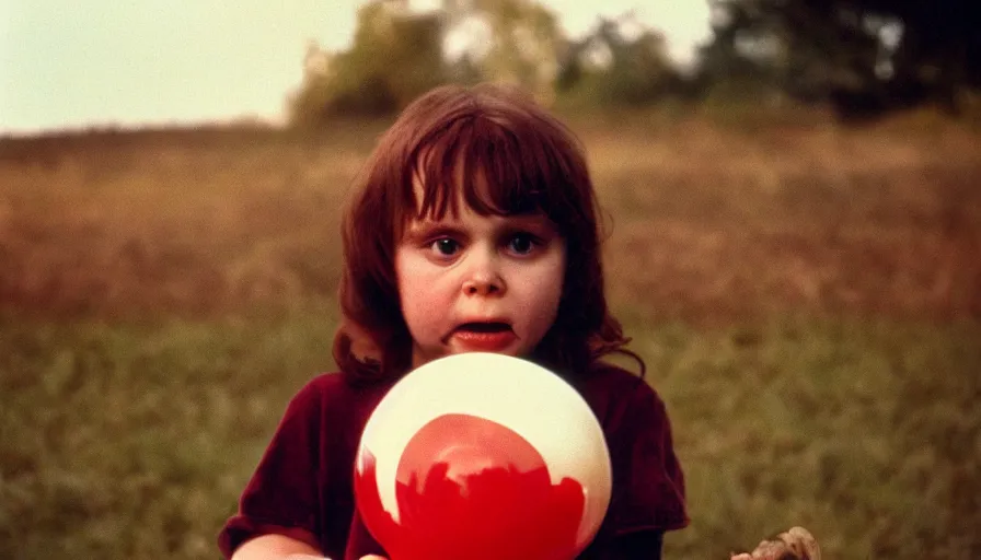 Image similar to 7 0 s film still from a horror movie featuring a child holding a skull and balloon, kodachrome, cinecolor, cinestill, photorealism, cinematic, film grain, film texture, vhs recording