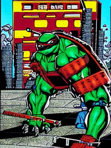 Prompt: full - color illustration by kevin eastman and peter laird from the cover of a 1 9 8 5 tmnt comic book depicting the ninja turtles fighting against the terminator endoskeleton inside the cluttered cyberdyne lab.