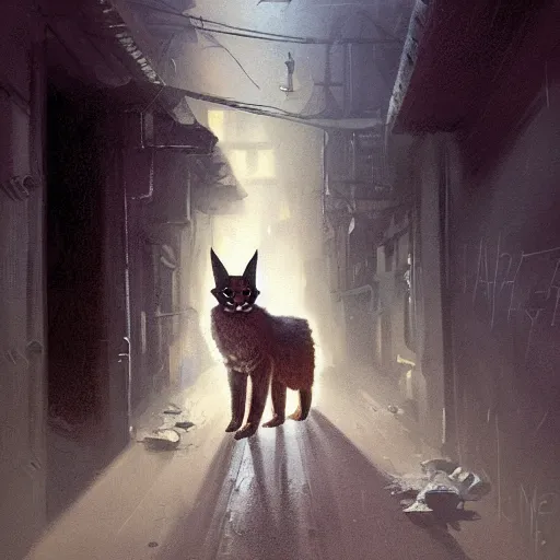 Image similar to a cute fluffy caracal in a dark alley by greg rutkowski