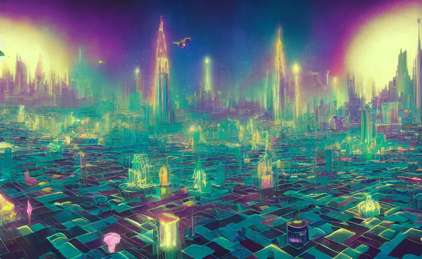 Prompt: Wide angle shot of a city with holographic fishes floating in the sky by Petros Afshar, James Gilleard, Mark Ryden, Wolfgang Lettl highly detailed, Dark cineamtic and atmospheric lighting