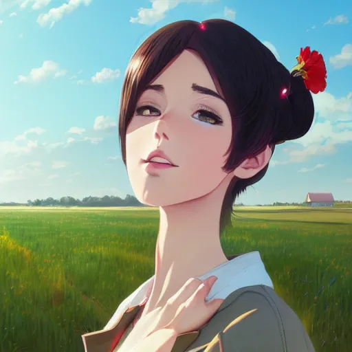 Prompt: portrait of a beautiful girl with dark hair wearing cottagecore style fashion, farm field background, rich vivid colors, ambient lighting, dynamic lighting, 4k, HQ, official media, anime key visual, makoto shinkai, ilya kuvshinov, lois van baarle, rossdraws, detailed, trending on artstation