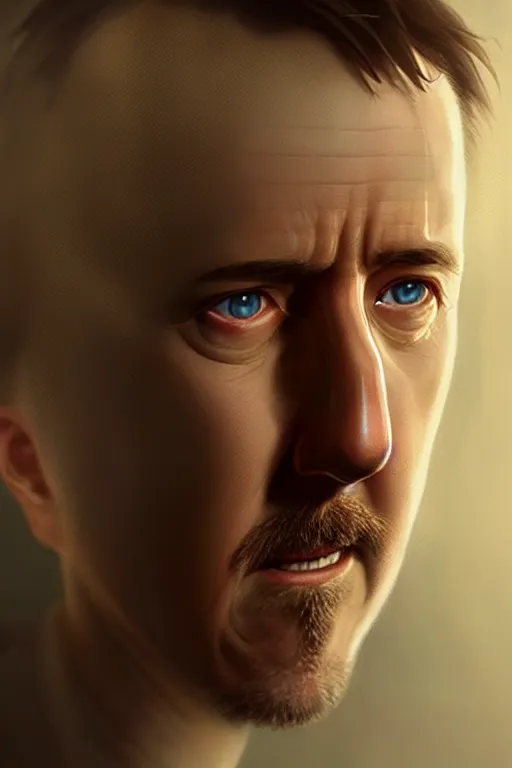 Image similar to edward norton face inside a boiled egg shell, hyper detailed, digital art, trending in artstation, cinematic lighting, studio quality, smooth render, art by greg rutkowski and artgerm