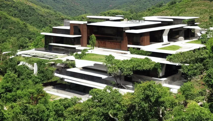 Image similar to villa inspired by tibetan architecture, on a green hill, overlooking a valley with trees, frank lloyd wright, zaha hadid, le corbeusier, photorealistic, birds eye view