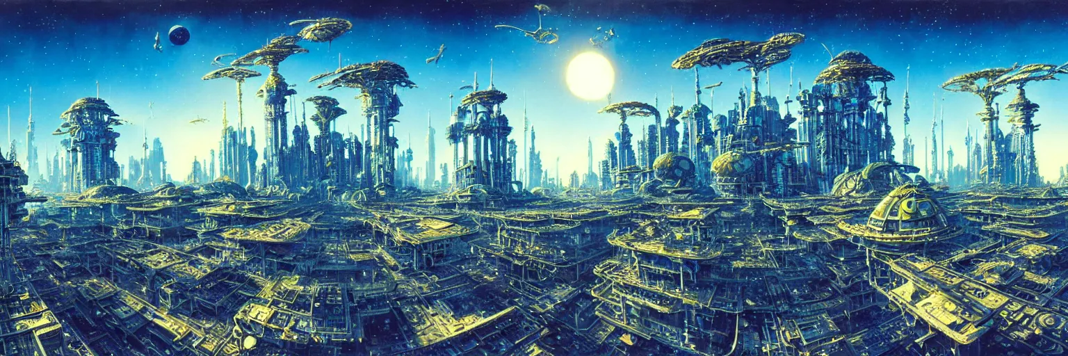 Prompt: ultra realist intricate detailed painting of an alien world with buildings, blue sky, very intricate details, bokeh focus, 8 k render, artstyle chris foss and john berkey, award winning