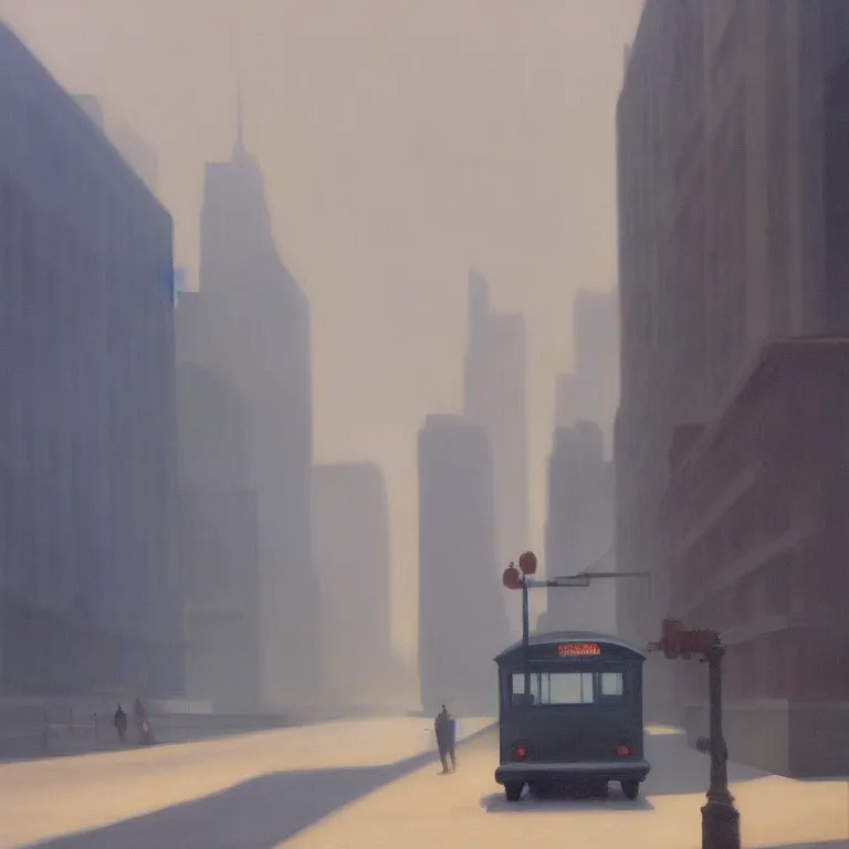 Image similar to city fog, early morning, painted by Edward Hopper, painted by Wayne Barlow, airbrush