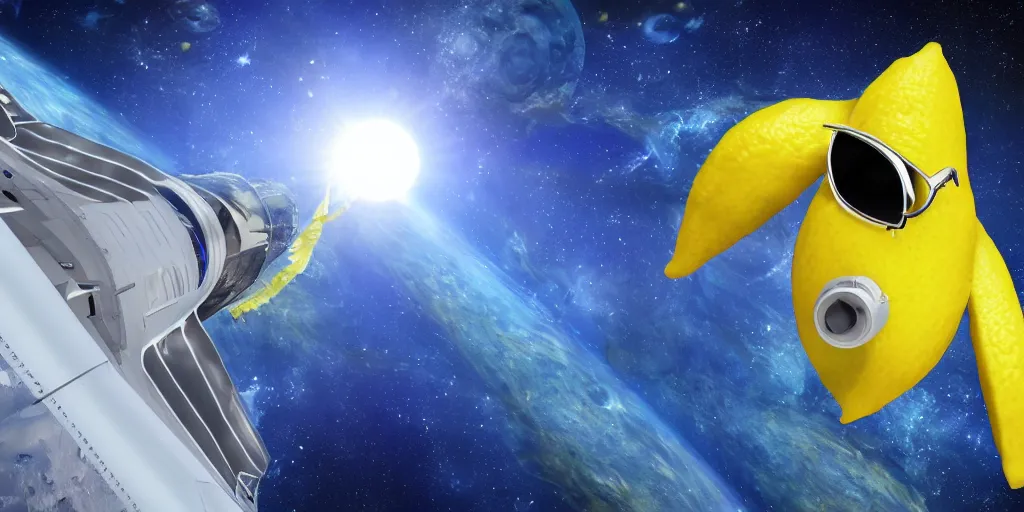 Prompt: ripe lemon is wearing sunglasses while gazing from the cockpit of space plane at earth from cockpit of space plane. Scene outer space. Background earth. Photorealistic
