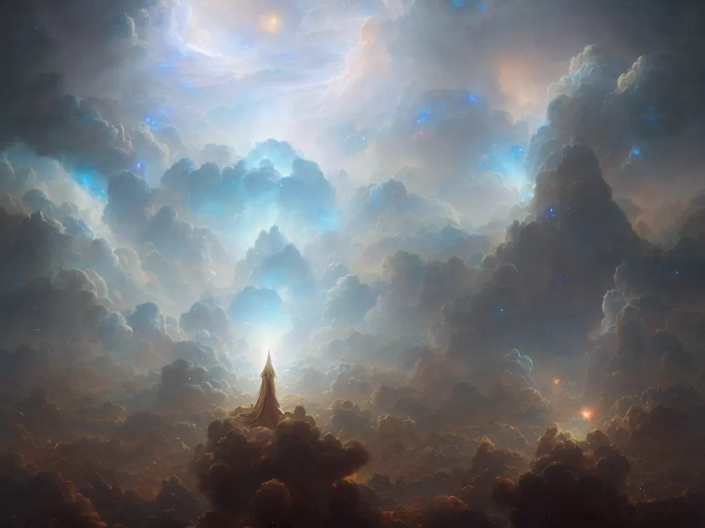 Image similar to ultra detailed matte painting of a celestial army of angels within the cosmic clouds by greg rutkowski and peter mohrbacher, volumetric lighting, depth of field.
