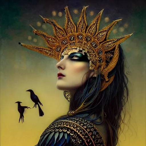 Image similar to goddess of crows, unusual beauty, emotionally evoking symbolic metaphors, head in focus, fantasy, ornamental, intricate, elegant, sensual, highly detailed digital painting, artstation, concept art, painterly, golden ratio, sharp focus, illustration, art by John Collier and Krenz Cushart and Artem Demura and and Greg Rutkowski and Alphonse Mucha and Albert Aublet