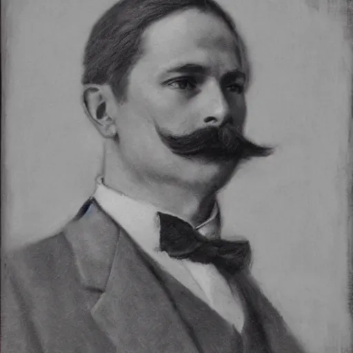 Prompt: portrait of an action hero, suit, bow tie, mustache, by alfred stevens in charcoal