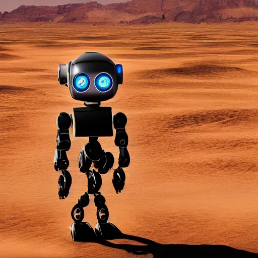 Prompt: a far away view of robot walking through the desert with a destroyed bridge in the distance, beautiful digital art, 8 k