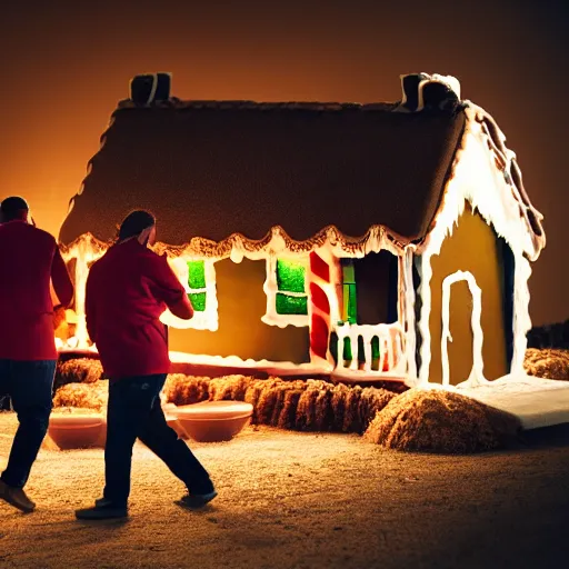 Prompt: cinematic photo of removalists moving furniture into a gingerbread house in the early morning