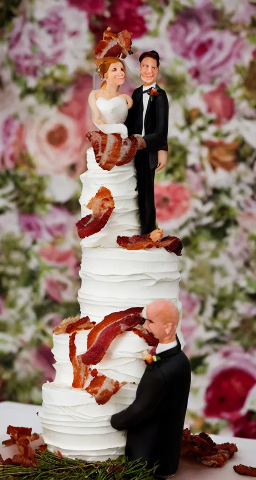 Image similar to a wedding cake made of bacon, professional food photo, bride and groom on top of the wedding cake,