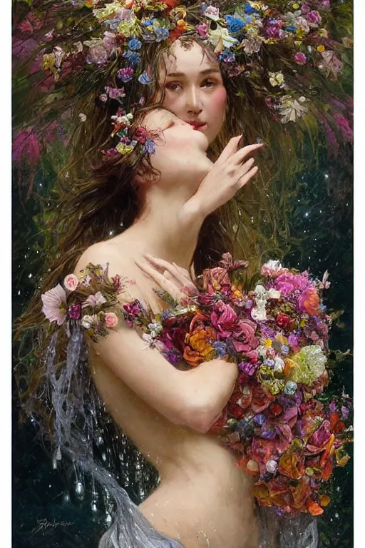 Image similar to portrait of a beautiful mysterious woman holding a bouquet of flowing flowers, wet dripping long hair, hands hidden under the bouquet, emerging from the water, fantasy, regal, intricate, by stanley artgerm lau, greg rutkowski, thomas kindkade, alphonse mucha, loish, norman rockwell